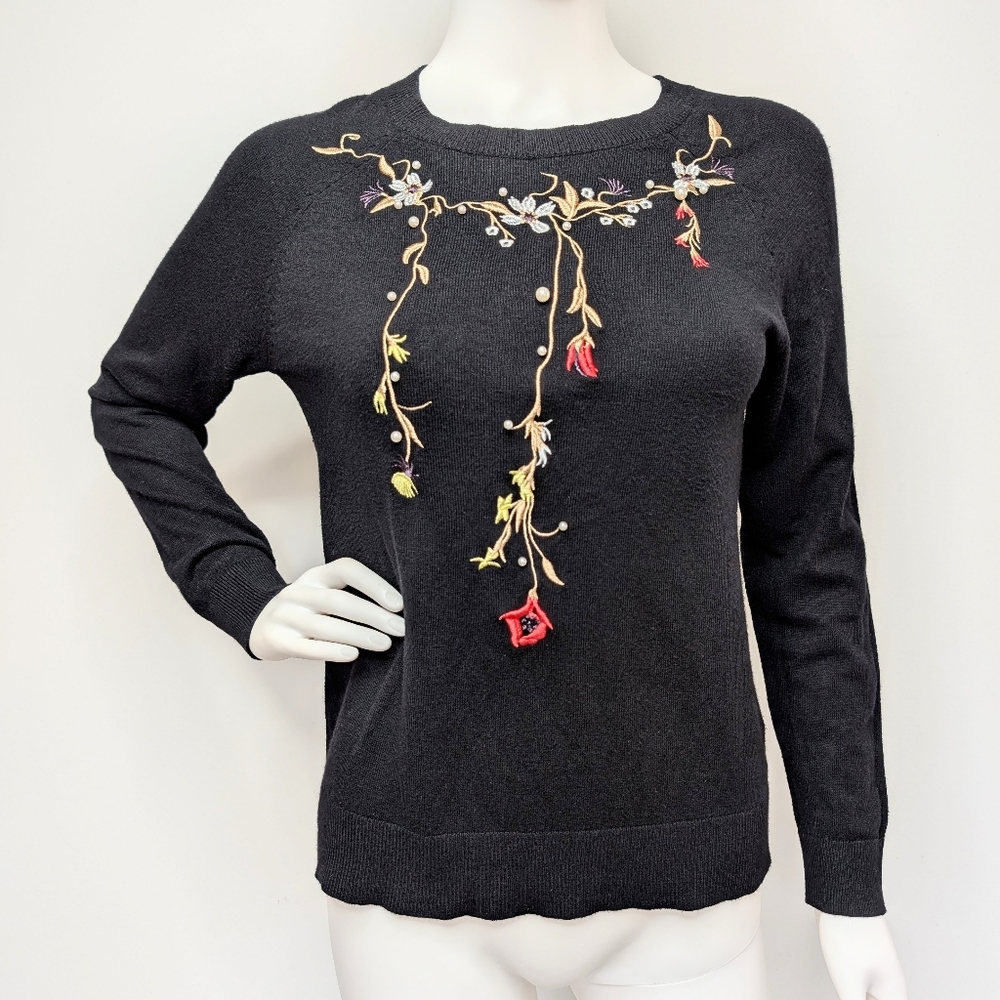 Black Crew Neck Knit Top With Tan, Light Green, Coral Floral Embroidery & Beads
